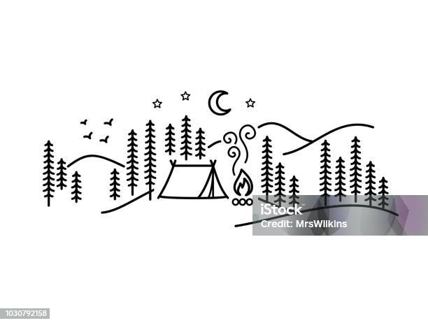 Bella Illustrazione Vettoriale Minimalista Campeggio In Una Foresta Piaceri Semplici - Immagini vettoriali stock e altre immagini di Campeggiare