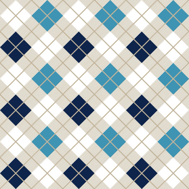 Blue Argyle Diagonal Diamond Seamless Textile Pattern Navy blue and light blue argyle diagonal diamond seamless textile pattern. light blue vintage wallpaper pattern stock illustrations