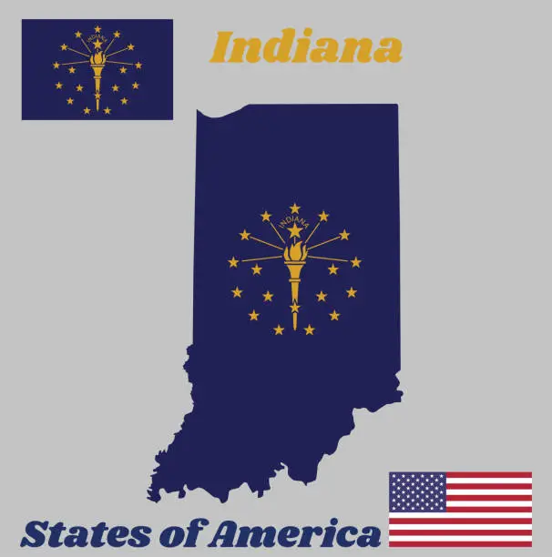 Vector illustration of Map outline and flag of Indiana, A gold torch surrounded by an outer circle of thirteen stars, an inner semi circle of five stars, crowned by the word 'Indiana'.