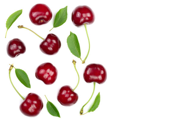 istock Sweet red cherries isolated on white background with copy space for your text. Top view. Flat lay pattern 1030798448