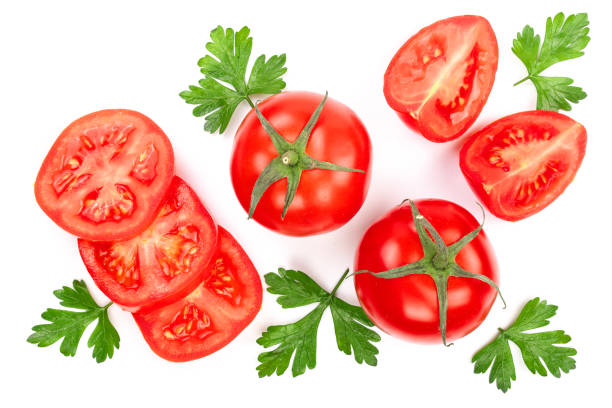 istock tomatoes with parsley leaves isolated on white background. Top view. Flat lay 1030798652