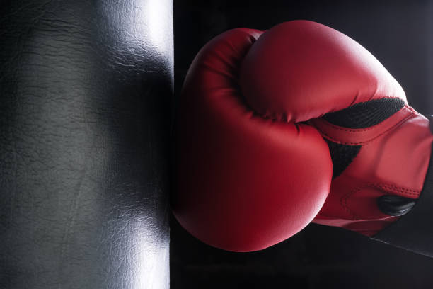 istock Tough man hitting punching bag with boxing glove. 1030799696