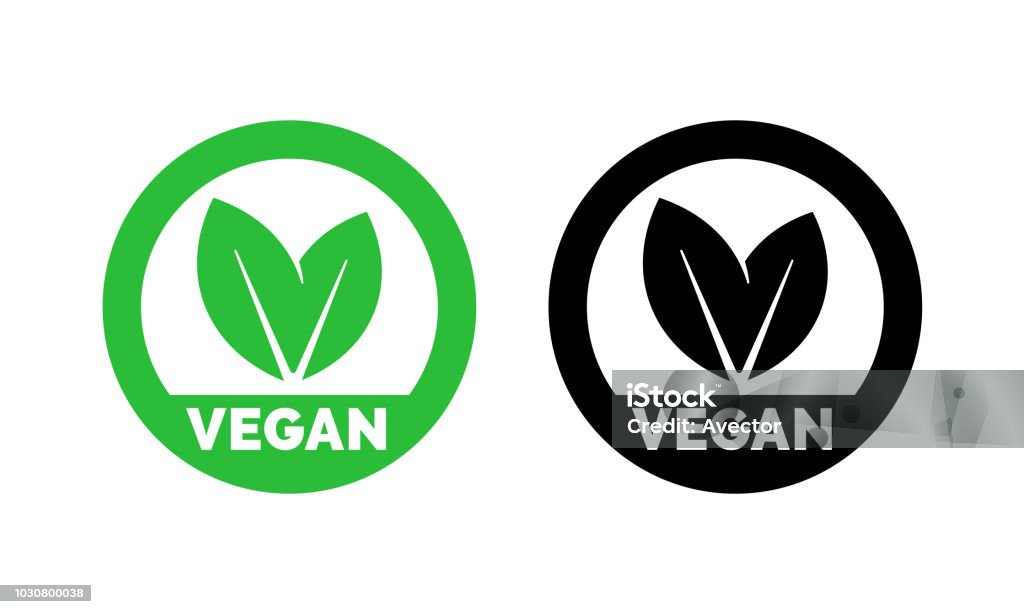 Vegan label template for vegetarian food. Green leaf icons set for vegetarian or vegan healthy nutrition or veggie package design Vegan Food stock vector