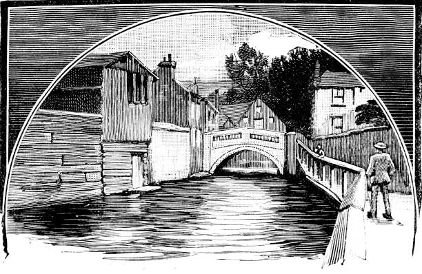 istock Victorian black and white half circle illustration of a canal side with a man walking along; Boys Own Paper 1892 1030802844