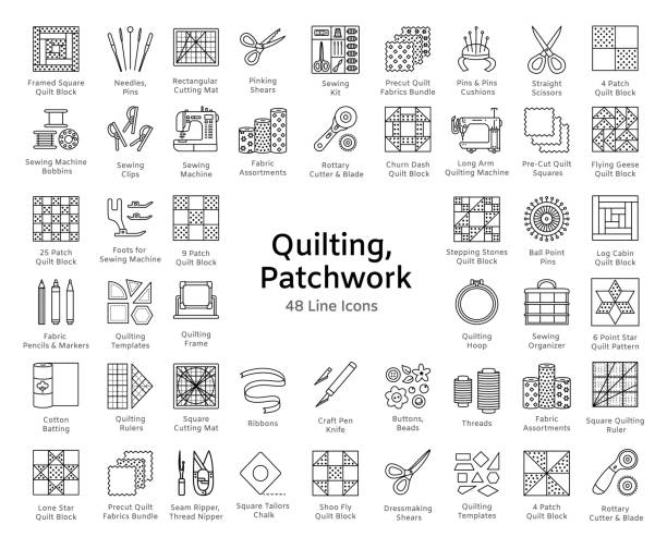 ilustrações de stock, clip art, desenhos animados e ícones de quilting & patchwork. supplies and accessories for sewing quilts from fabric squares & blocks. different tools, patterns for quilters. vector line icon set. isolated on white background. - quilt textile patchwork thread