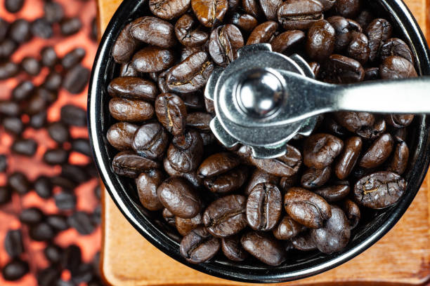 istock Coffee beans and vintage wooden grinder. 1030806584