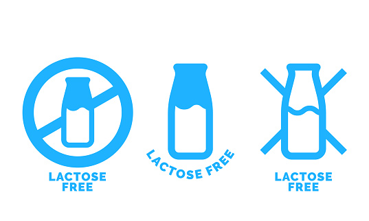 Lactose free logo icon. Vector contains no lactose label for healthy dairy food product package. Blue cow milk bottle sign design element