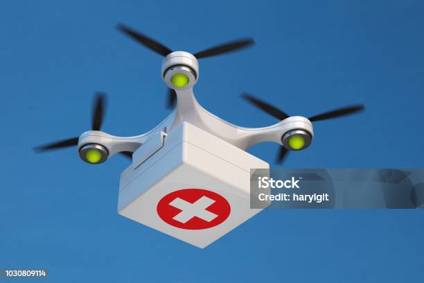 Drone Quadcopter Carrying First Aid Kit Stock Photo - Download Image Now - Drone, Healthcare And Medicine, Delivering