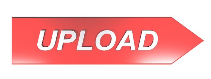 The write UPLOAD in white letters on a red arrow pointing to the right, on white background - 3D rendering illustration