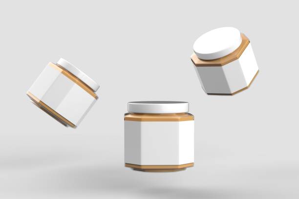 istock Peanut butter in jar mock up isolated on soft gray background with white label. Small size. 3D illustration 1030811718