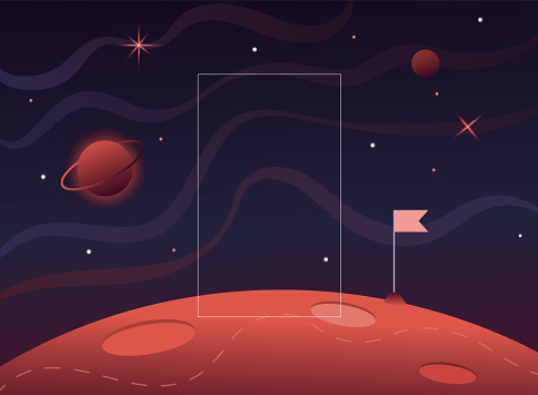 Flag in space.Milky Way. Red planet landscape vector illustration. Background with place for text. Surface of the planet craters. Space decoration design.Stars and comets