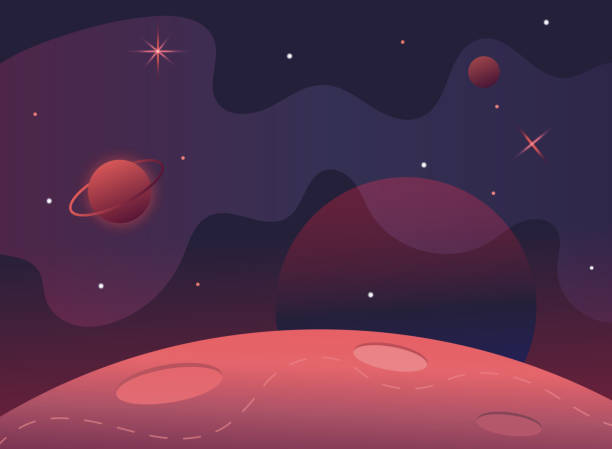 Flag in space.Milky Way.Red planet landscape vector illustration.Background for text.Surface of the planet craters.Space decoration design.Stars and comets on starry background.cosmic banner Flag in space.Milky Way.Red planet landscape vector illustration.Background for text.Surface of the planet craters.Space decoration design.Stars and comets on starry background. astronaut borders stock illustrations
