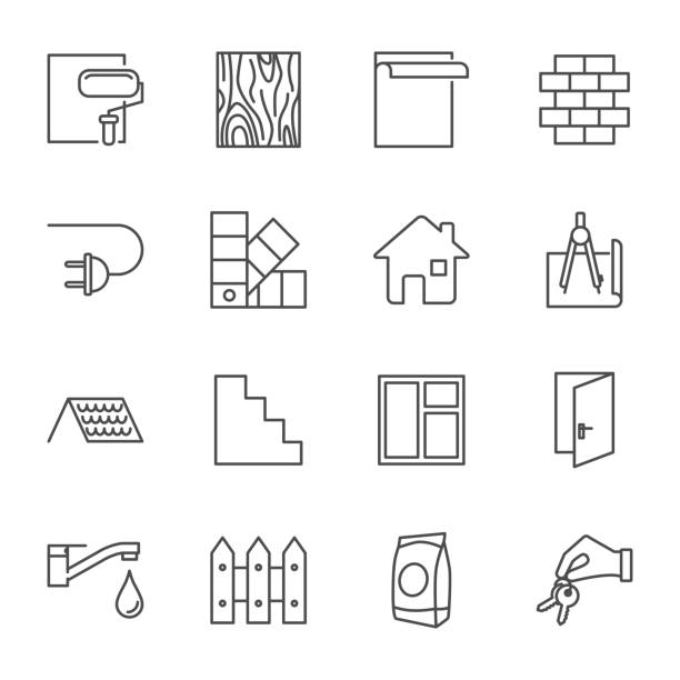 Construction, house building set of vector icons outline style Construction, house building set of vector icons outline style window icons stock illustrations