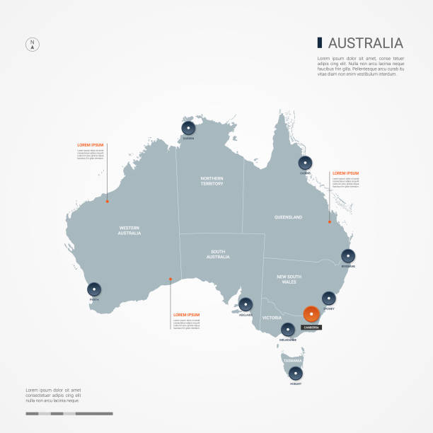 ilustraciones, imágenes clip art, dibujos animados e iconos de stock de ilustración de vector de australia infografía mapa. - australia map