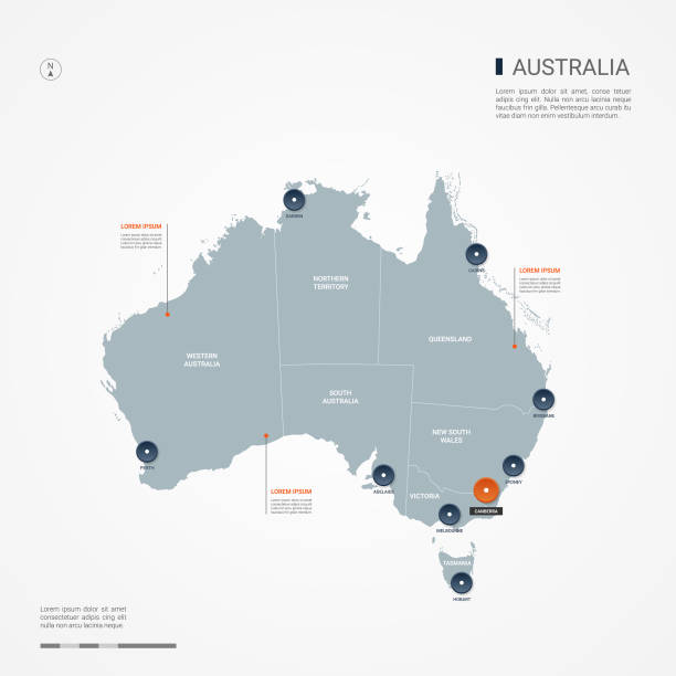 Australia infographic map vector illustration. Australia map with borders, cities, capital Canberra and administrative divisions. Infographic vector map. Editable layers clearly labeled. australia stock illustrations