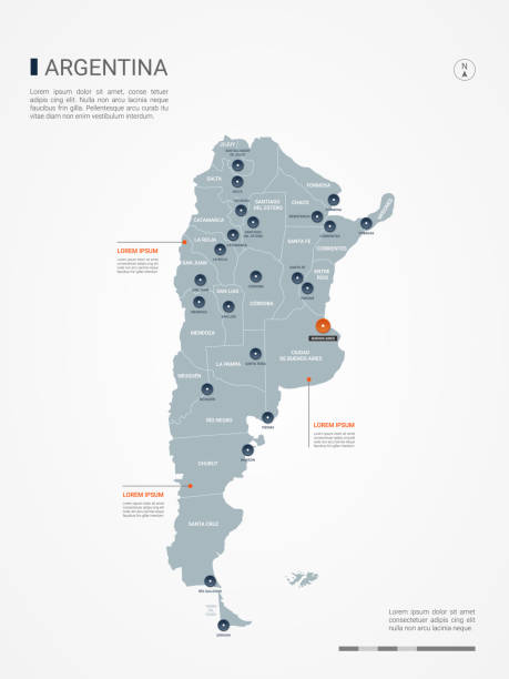 Argentina infographic map vector illustration. Argentina map with borders, cities, capital and administrative divisions. Infographic vector map. Editable layers clearly labeled. argentina stock illustrations