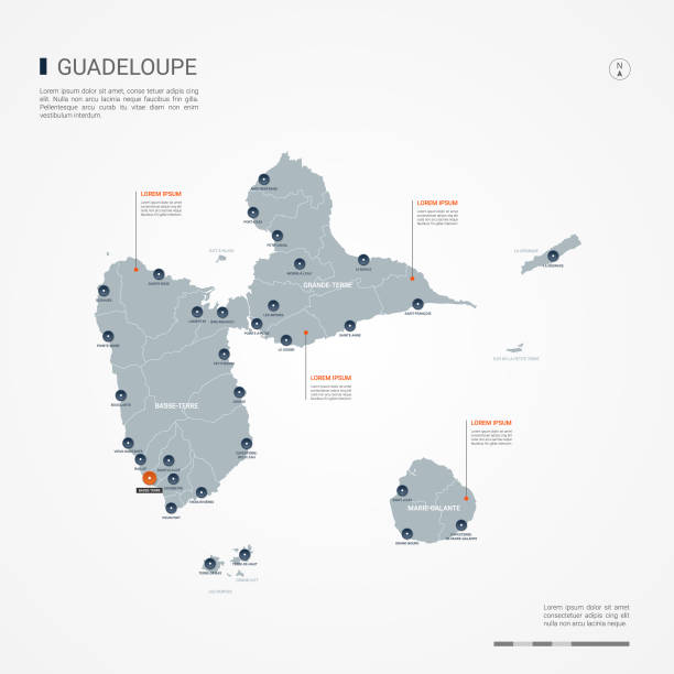 Guadeloupe infographic map vector illustration. Guadeloupe map with borders, cities, capital and administrative divisions. Infographic vector map. Editable layers clearly labeled. french overseas territory stock illustrations