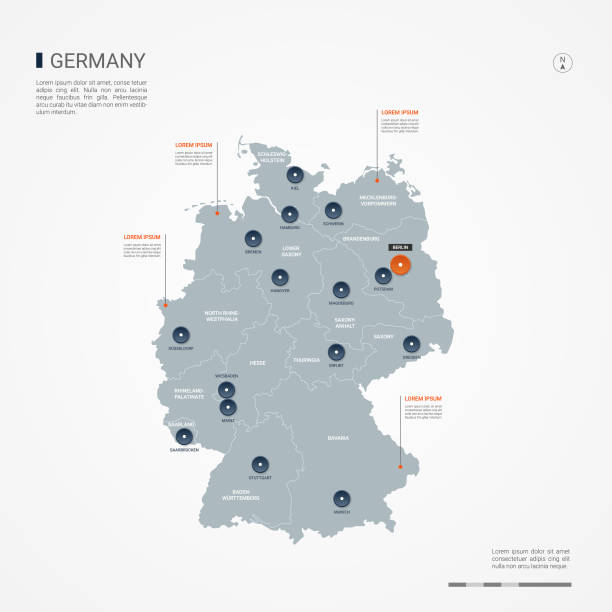 ilustraciones, imágenes clip art, dibujos animados e iconos de stock de ilustración de vector de alemania infografía mapa. - town of gray