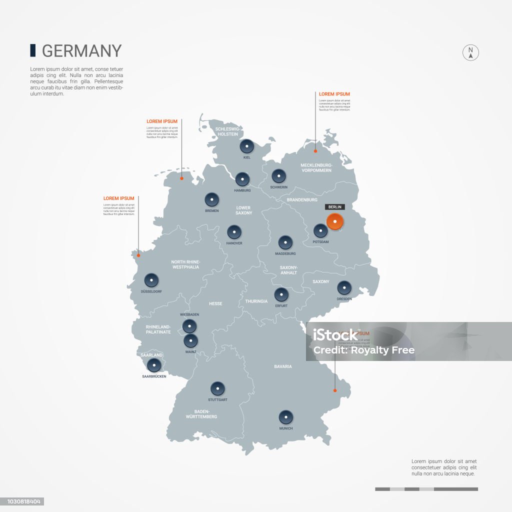 Germany infographic map vector illustration. Germany map with borders, cities, capital and administrative divisions. Infographic vector map. Editable layers clearly labeled. Germany stock vector