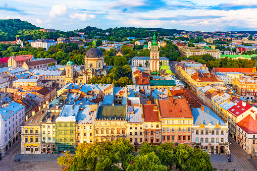 Scenic summer aerial view of the Market Square architecture in the Old Town of Lviv, Ukraine