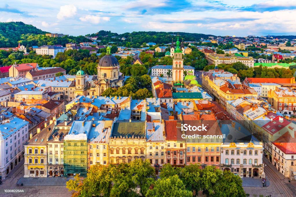 Aerial view of the Old Town of Lviv, Ukraine Scenic summer aerial view of the Market Square architecture in the Old Town of Lviv, Ukraine Lviv Stock Photo
