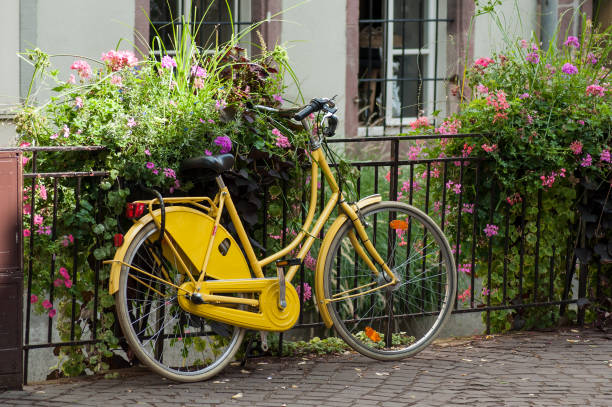 istock vintage yellow bicycle in the street 1030822650