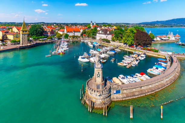 Aerial view of Lindau, Bodensee, Germany Scenic summer aerial view of the Old Town pier architecture in Lindau, Bodensee or Constance lake, Germany bodensee stock pictures, royalty-free photos & images