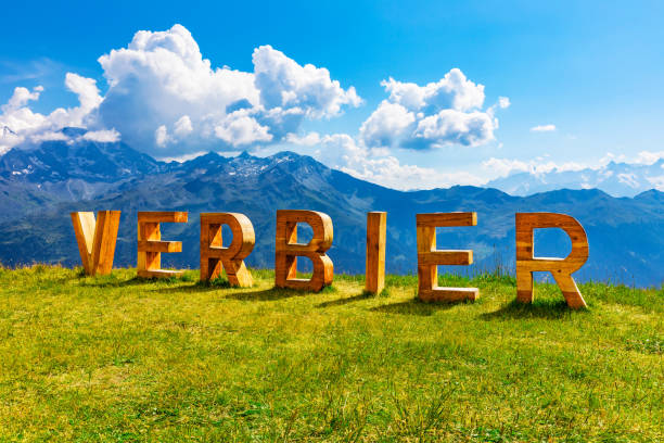 Scenic summer view of the green grassy hill mountain flower meadow and the snowy peaks of Alps in Verbier, Switzerland