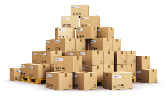 Creative abstract cargo, delivery and transportation logistics storage warehouse industry business concept: 3D render illustration of the group or pile of stacked corrugated cardboard boxes on wooden shipping pallets isolated on white background