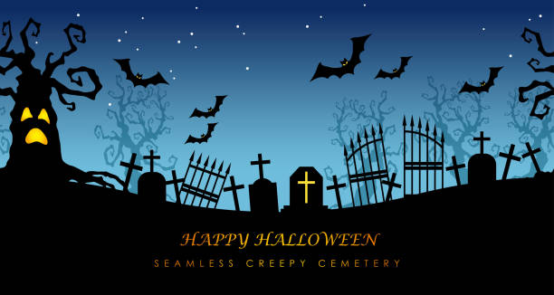 счастливый хэллоуин бесшовные жуткий кладбище с текстовым пространством. - cemetery grave halloween non urban scene stock illustrations