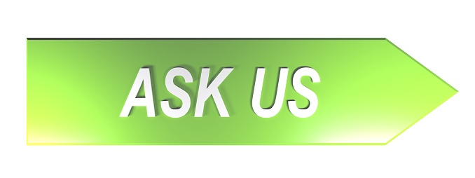The write ASK US on a green arrow pointing to the right, on white background - 3D rendering illustration