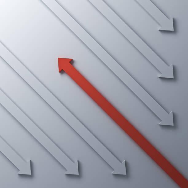 istock Stand out from the crowd and different concept One red up arrow going to bright light among other down arrows on dark white background with shadows 3D rendering 1030827932