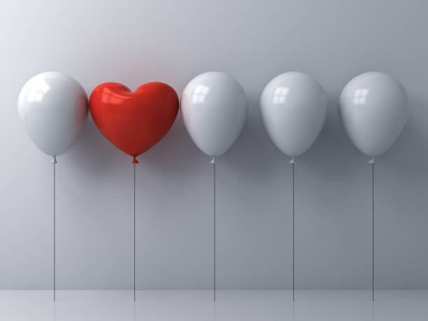 istock Stand out from the crowd and different concept One red heart balloon different from other balloons on white wall background with reflections and shadows 3D rendering 1030827942