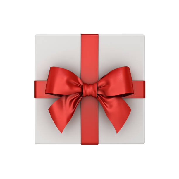 istock Top view of Gift box or present box with red ribbon bow isolated on white background 3D rendering 1030828032