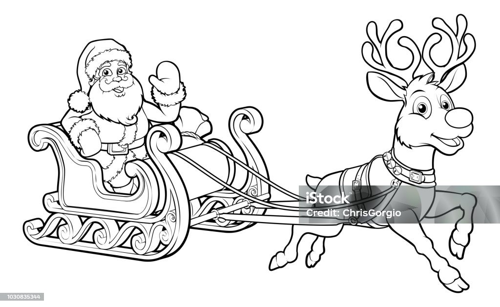 Santa Claus Christmas Fling Sleigh Sled Reindee Santa Claus and his flying Christmas sleigh sled and reindeer Coloring stock vector