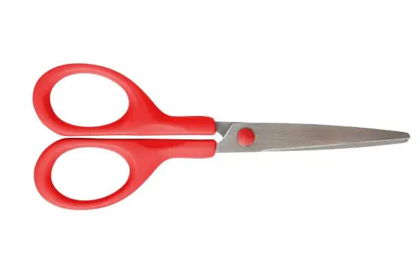 Closed scissors with red handles isolated on white background