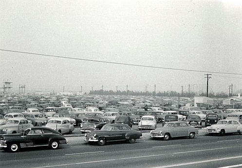 Los Angeles, California, USA, 1951. Public parking in Los Angeles. Possibly the car parking in front of the Olypiastadium (Memorial Coliseum).