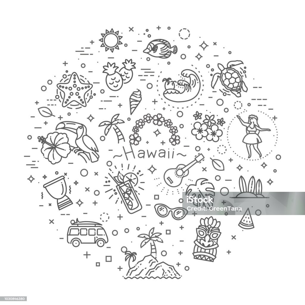 Tropical summer, hawaii icon set with white background Beach life, relaxation, palm, Hawaii tourism Hawaii Islands stock vector