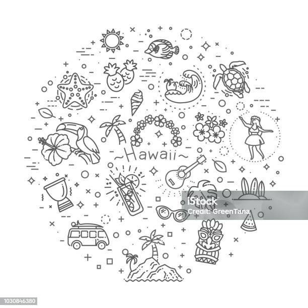 Tropical Summer Hawaii Icon Set With White Background Stock Illustration - Download Image Now