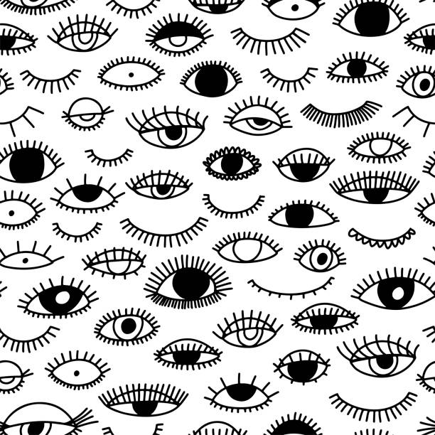 Seamless pattern with eye and eyelashes. Seamless pattern with eye and eyelashes. Ink illustration. Ornament for wrapping paper. Monochrome design. teenager doodle stock illustrations