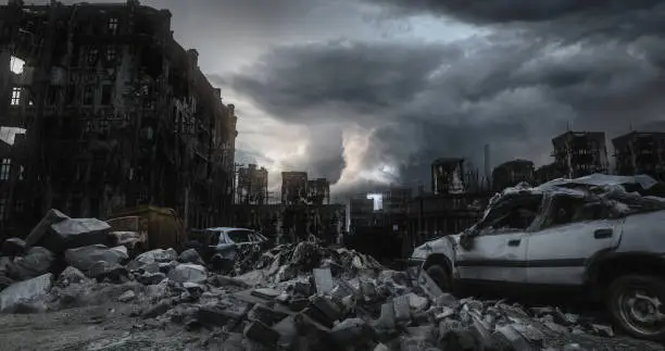 Digitally generated accurate scene of destroyed city/post nuclear city scene with ruined architecture (storm).

The scene was rendered with photorealistic shaders and lighting in Autodesk® 3ds Max 2016 with V-Ray 3.6.