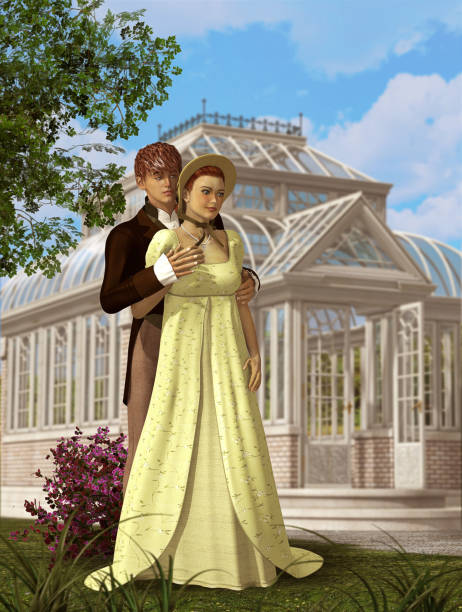 istock Romantic Victorian Couple in Love Meeting in a Park 1030857230