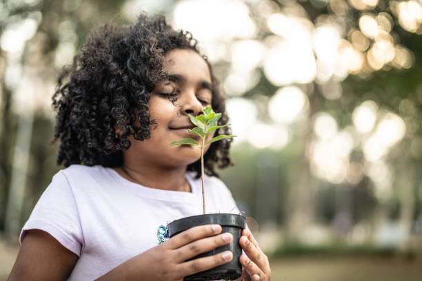 niña en el jardín, que huele a planta fresca - growth new life seedling child fotografías e imágenes de stock