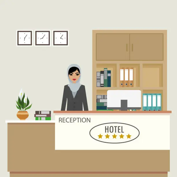 Vector illustration of Reception interior with furniture and arabic woman receptionist employee.