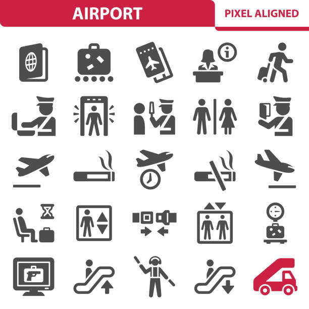 공항 아이콘 - airport arrival departure board airport check in counter airplane stock illustrations