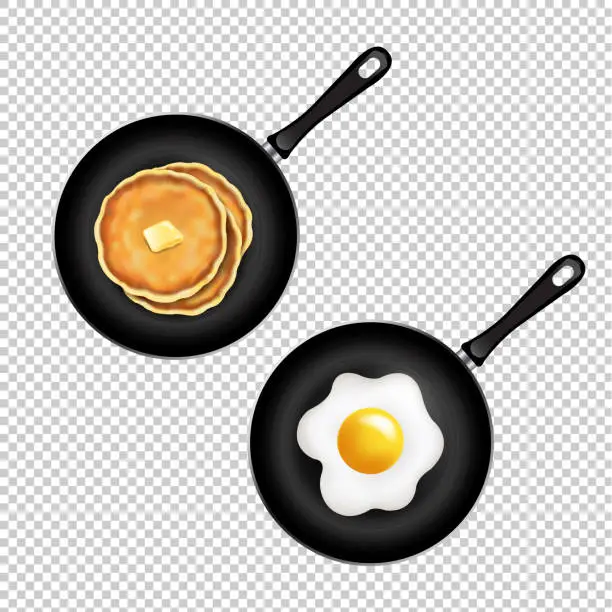 Vector illustration of Pan With Pancake And Fried Eggs Isolated Transparent Background