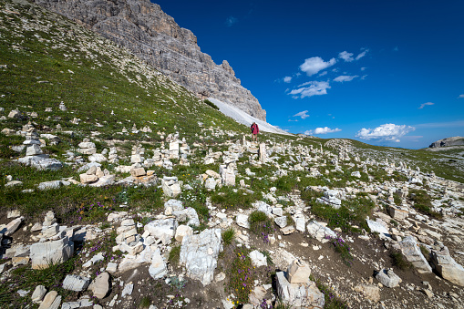 View of the western part of Tre Cime di Lavaredo National Park (Three Pinnacles / Drei Zinnen) from the Malga Langalm, in Dolomite Alps, Tyrol, Italy. Nikon D850.