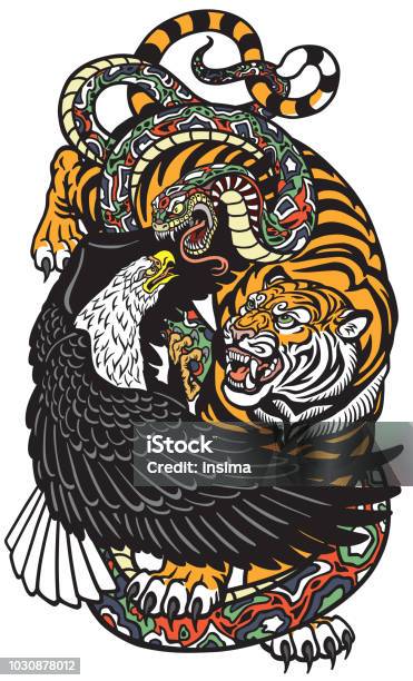 Tigre Aquila E Serpente - Immagini vettoriali stock e altre immagini di Tatuaggio - Tatuaggio, Tigre, Serpente - Rettile