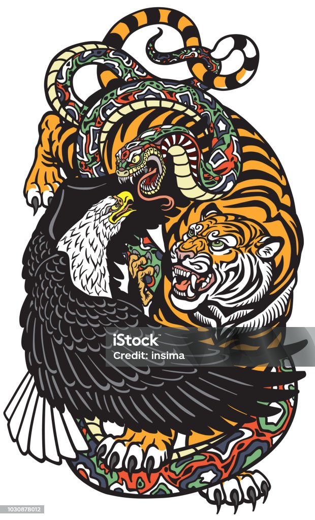 eagle tiger and snake eagle snake and tiger. Three spiritual symbolic animals . Tattoo style vector illustration Tattoo stock vector