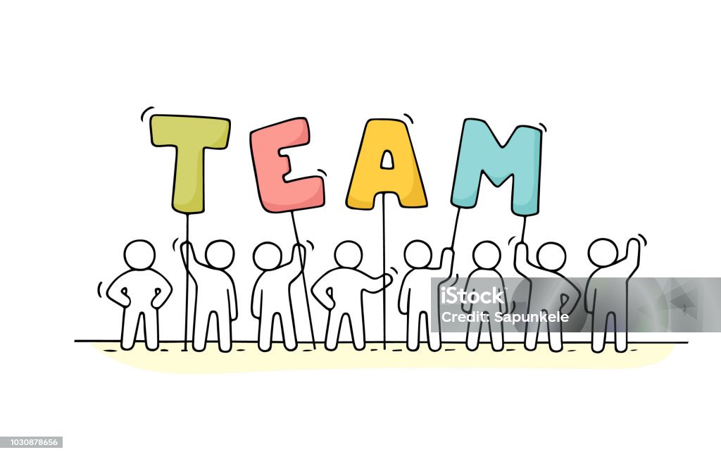 working little people with word Team Sketch of working little people with word Team. Doodle cute miniature scene of workers hold letters. Hand drawn cartoon vector illustration for business design. Teamwork stock vector